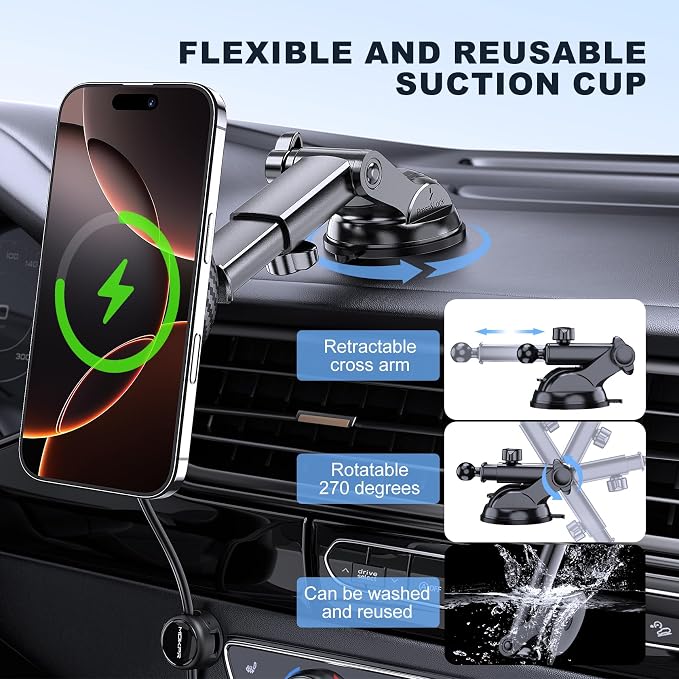 Only for iPhone Magsafe Car Mount Charger, Magnetic Phone Holder for Your Car Charger Dash Windshield Vent Magnetic Wireless Car Charger Mount for iPhone 17 16 15 14 13 12 Carbon Firber