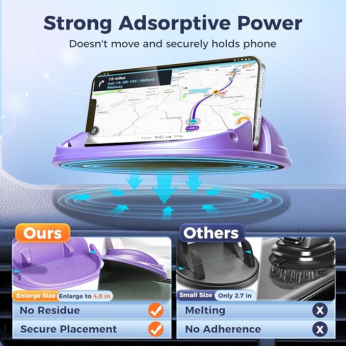 Car Phone Holder, Car Phone Mount Silicone Car Pad Mat for Various Dashboards, Slip Free Desk Phone Stand Compatible with iPhone, Samsung, Android Smartphones, GPS Devices More (Purple)