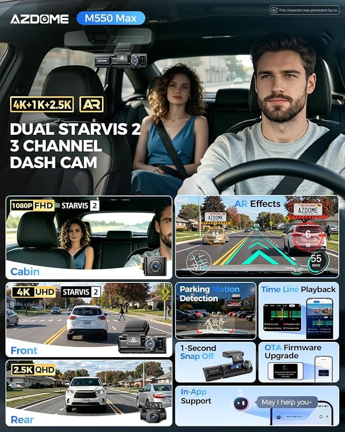 M550 Max 4K 3 Channel Dash Cam, Dual STARVIS 2 Sensors, 4K+2.5K+1080P Front and Rear Inside Triple Car Camera, Built-in WiFi GPS, 64GB Card Included, IR Night Vision, Ride Share Accessories