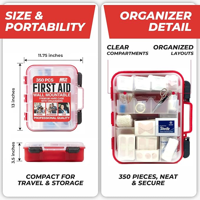 350 Piece Professional Wall-Mount First Aid Kit, Home, Business | Dual-Layer Hard Case, Office, Warehouse, Jobsite, Garage, Vehicle, Workplace Safety, Classroom And Emergency Readiness
