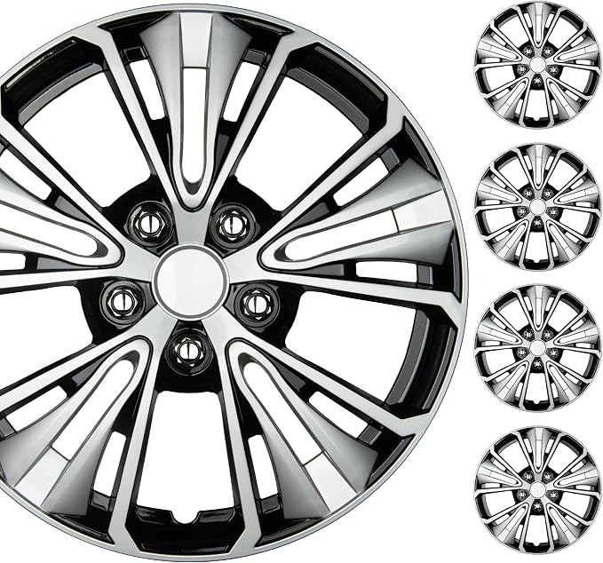 16 Inch Hubcaps Set of 4 – OEM Replacement Snap-On Wheel Rim Covers - Universal Fit Car Wheel Cover for Cars, Trucks, SUV, Vans Durable ABS Black & Silver 5-Spoke Hub-Cap Car Accessories Exterior