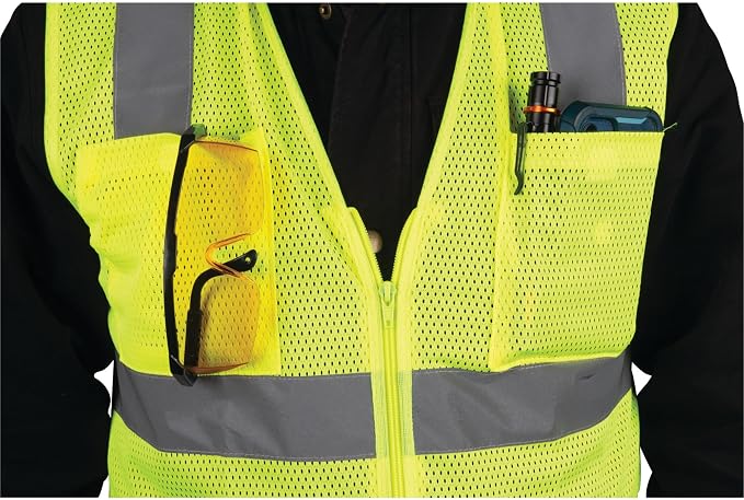 W1580 High-Visibility Reflective Safety Vest, Chest Pockets, Zip Closure, Neon Yellow