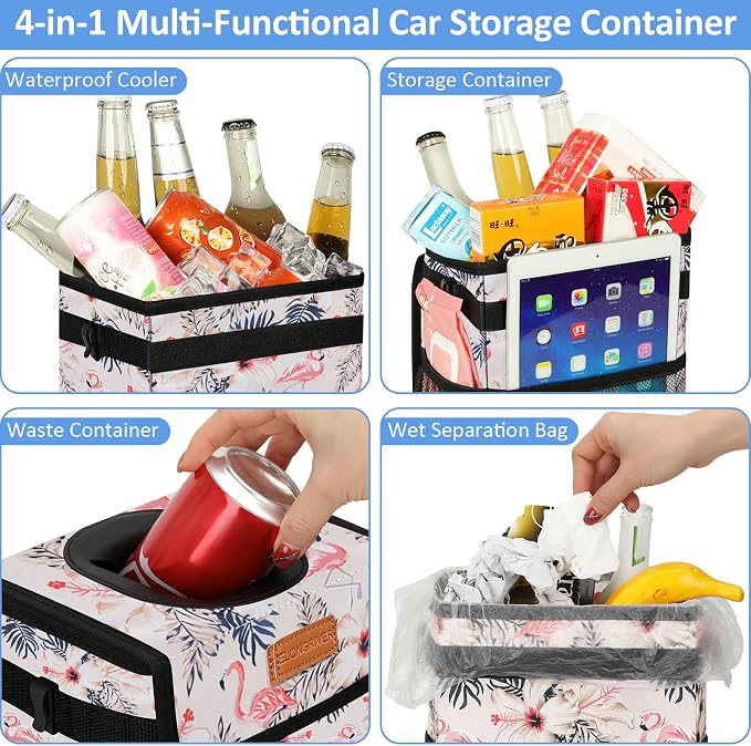 Car Trash Can Bin for Back Seat Leak Proof, Cute Car Trash Bag Hanging, Vehicle Trash Can for SUV Truck Van, Automotive Garbage Cans Front Seat Flamingos, 2 Gallons