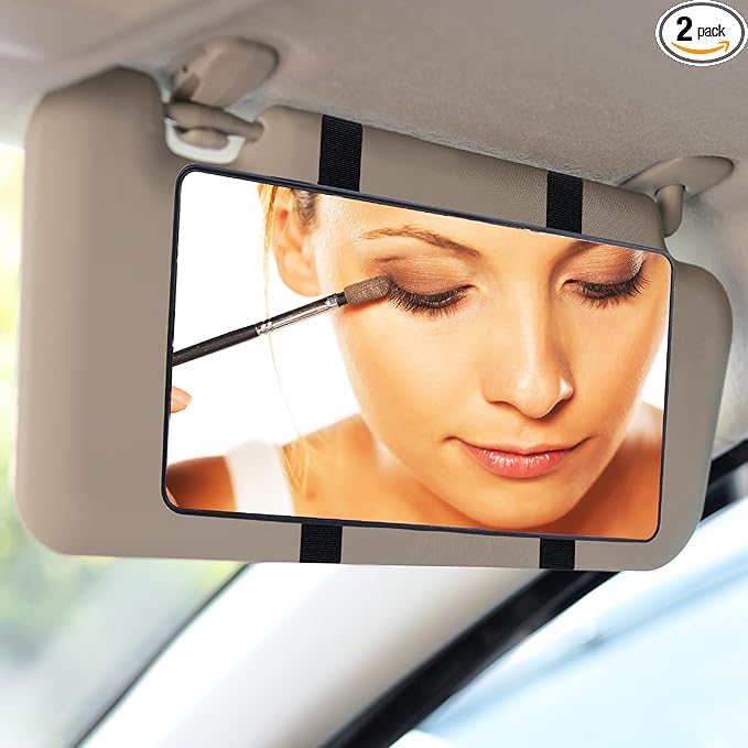 2 PCS Car Sun Visor Mirror, Cosmetic Makeup Mirrors with Straps, HD Car Interior Cosmetic Mirror, Car Accessories Universal Sun Visor Mirrors for Trucks, Cars, SUVs (Black)