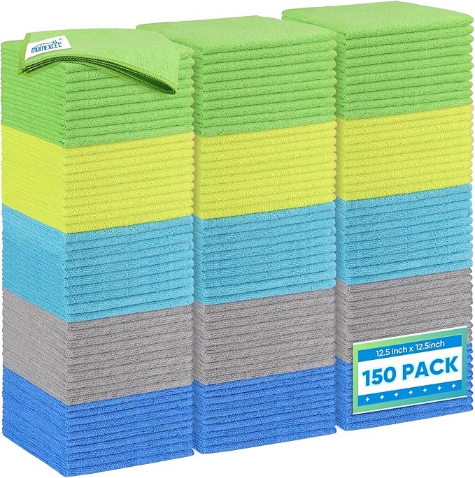 Microfiber Cleaning Cloth 150 Pack, 12.5 x 12.5 inch Microfiber Towels for Cars, Ultra Absorbent Car Washing Cloth, Lint Streak Free Cleaning Rags for Car, Kitchen, and Window, Multicolor