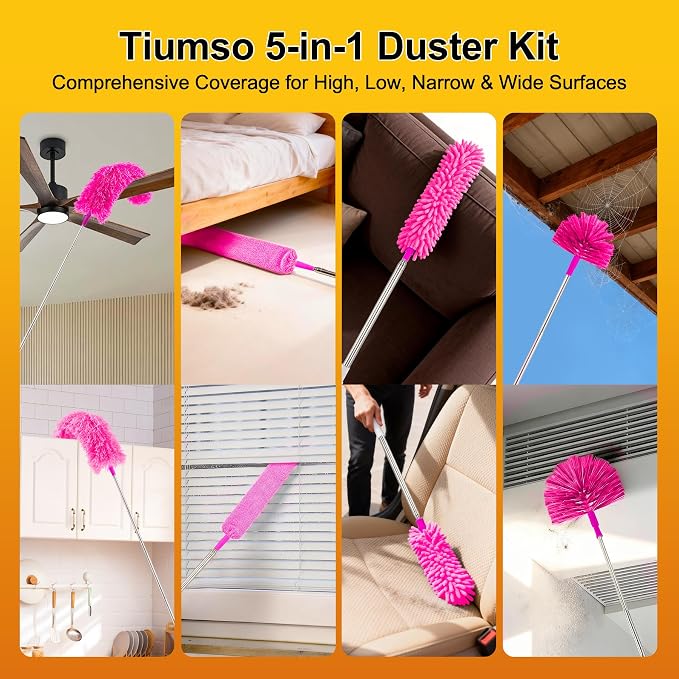 5-in-1 Duster with Extension Pole 100 inch Extendable Dusters for Cleaning Anti-Spin Reusable Dusting Kits for High Ceiling Fans, Cobwebs & Vents, Reinforced Stainless Steel Telescopic Handle