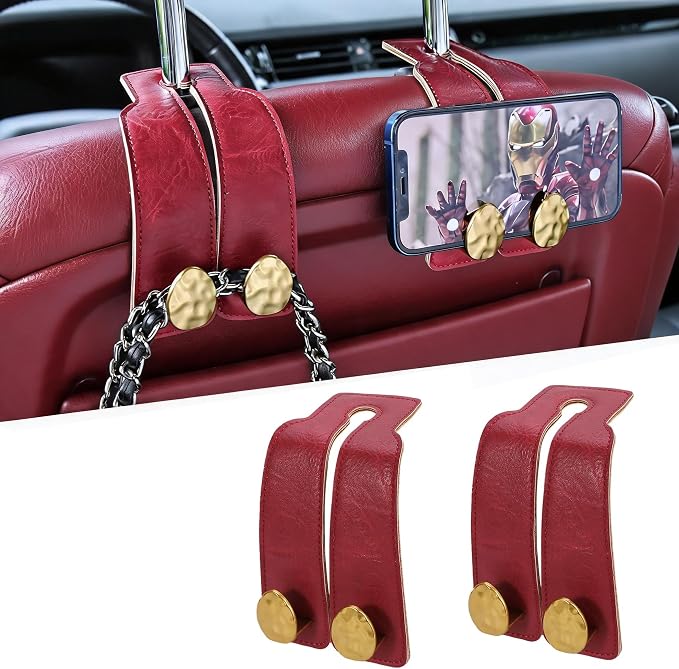 2PCS Leather Car Seat Hooks for Headrest, Vehicle Hanger Storage Organizer Universal for Handbag Purse, Car Accessories Gift (Red-Gold)