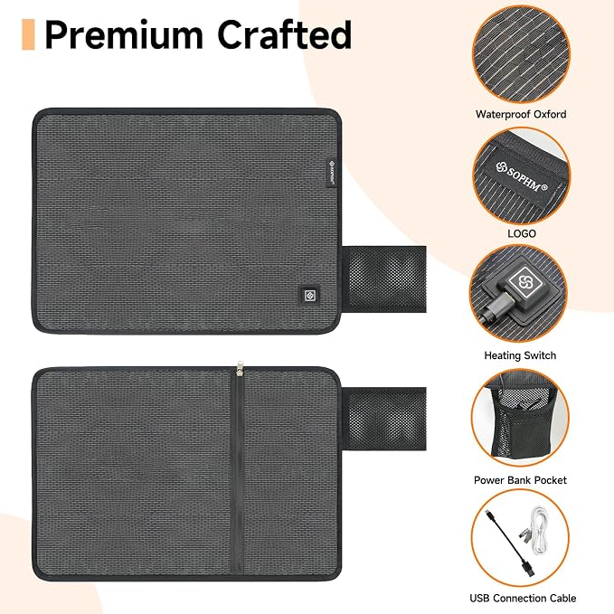 Portable Outdoor Heated Seat Cushion for Camping, Stadium Bleachers - 3-Temp Fast Heating (Power Bank Not Included)