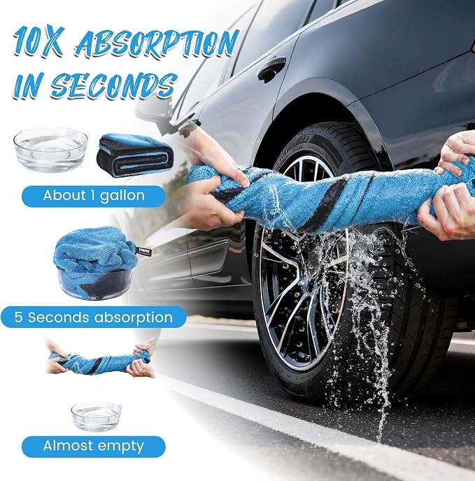 PUGPIU 1400GSM Large Microfiber Car Drying Towel Detailing 24"x36" | XL Super Absorbent Microfiber Towels - Edgeless with Twisted Loop - No Lint Streak for SUV Truck Car Detailing (Blue)