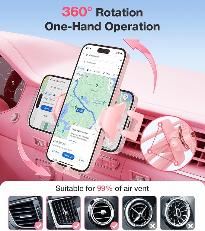 Pink Phone Holder for Your Car [ Sturdy & Secure ] Air Vent Phone Mount for Car Hands Free Easy Clamp Cradle in Vehicle for iPhone Samsung Android Smartphone, Pink Car Accessories