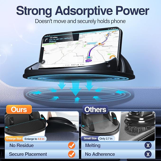 Car Phone Holder, Car Phone Mount Silicone Car Pad Mat for Various Dashboards, Slip Free Desk Phone Stand Compatible with iPhone, Samsung, Android Smartphones, GPS Devices and More, Black