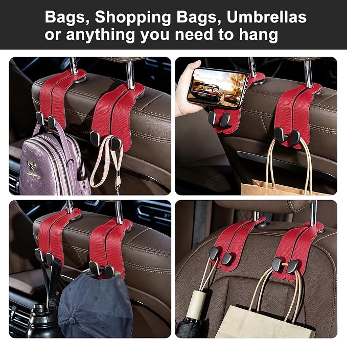 CoBak Purse Hook for Car - Universal Premium Stitched Leather and Aluminum-Magnesium Alloy Double Car Seat Back Storage Hook for Purses, Handbags, Bags (2 Pack),Carbon Red