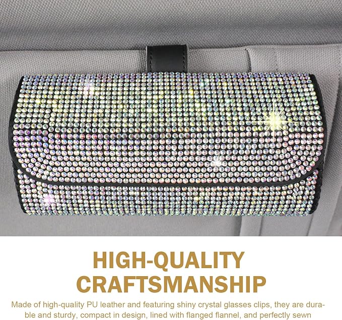 Bling Sunglasses Holder for Car Sun Visor, Rhinestone Auto Eyeglasses Mount Clip Organizer, Leather Sunvisor Sunglasses Storage Case, Universal Glasses Holder Clips for SUV, Sedan, Van (AB)