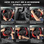 D Shaped Steering Wheel Cover, Flat Bottom Car Wheel Cover 14 1/2-15 in. (37-39 cm), Black and Red Microfiber Leather