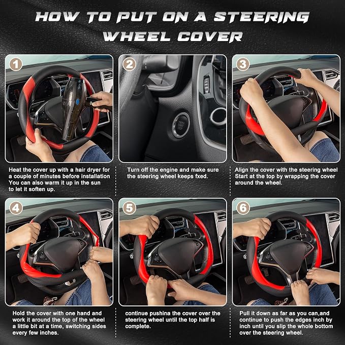 D Shaped Steering Wheel Cover, Flat Bottom Car Wheel Cover 14 1/2-15 in. (37-39 cm), Black and Red Microfiber Leather