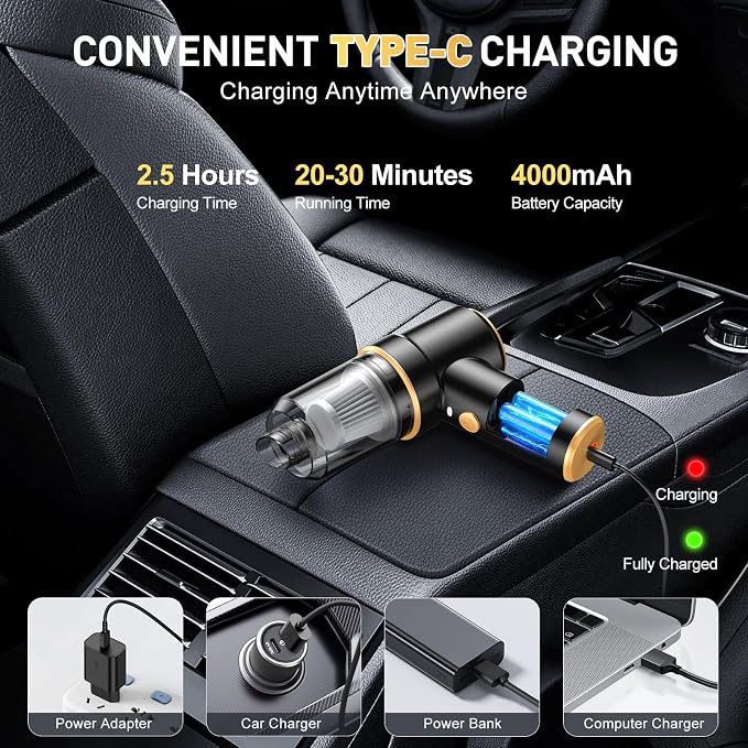 Handheld Car Vacuum Cleaner, 9000PA Vacuum Cleaner & Air Duster, 120W High Power Vacuum Portable Cordless, Hand Held Vacuum Rechargeable with Multi-Nozzles & LED Light for Home, Car, Office