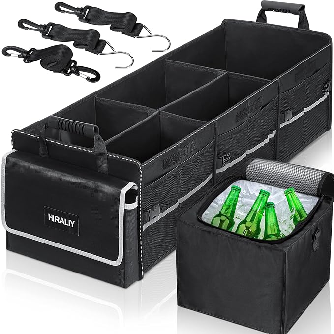 4 in 1 Car Trunk Storage Organizer with Leakproof Cooler Bag, Multi-Compartment Foldable Trunk Storage Box for Car Truck SUV Black