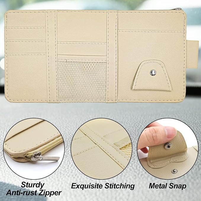 Car Sun Visor Organizer Auto Interior Accessories Pocket Organizer, Sunglasses Holder Car Truck Visor Storage Pouch for Cards, Pens and Document - Beige
