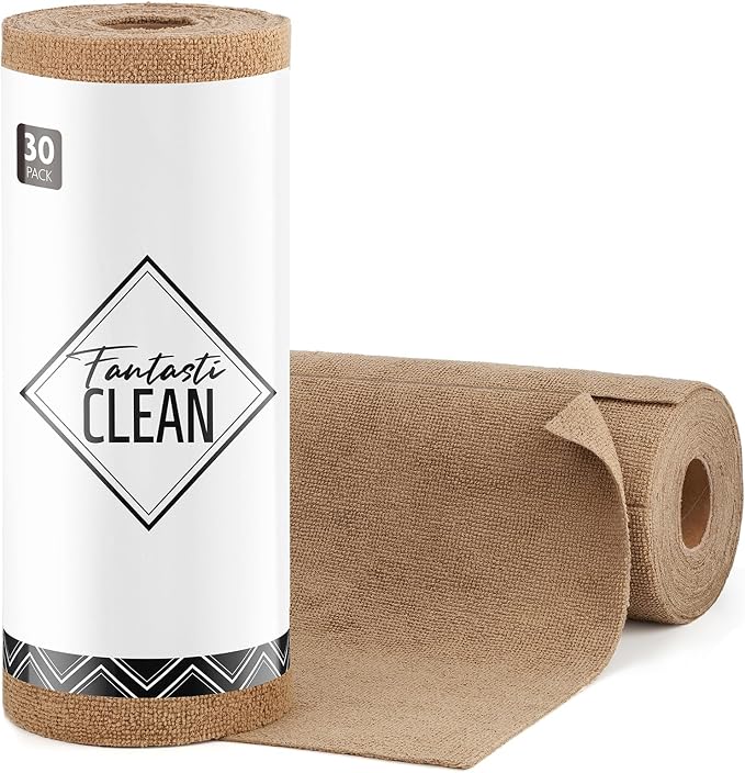 Microfiber Cleaning Cloth Roll- 30 Sheets, 12" x 12" (TAN) | Super Absorbent, Lint-free, Tear-away Microfiber Towel Roll, for All-Purpose Cleaning