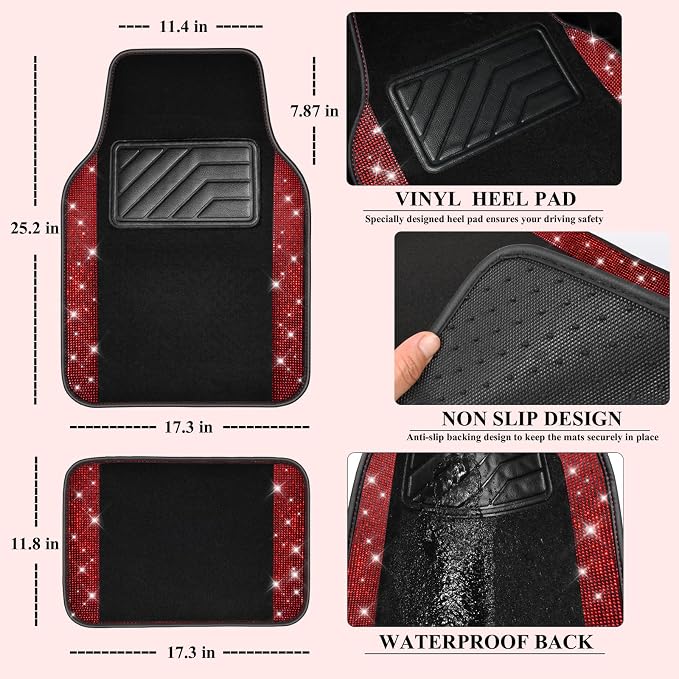 11 PCS Bling Diamond Car Mats Set for Women Girls, Sparkly Rhinestone Steering Wheel Cover, Waterproof Floor Mats Universal Fit for SUV,Vans,Sedans,Trucks Anti-Slip, Interior Sets Black Red