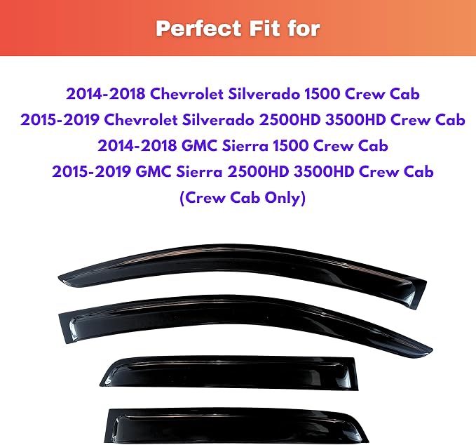 KPY Rain Guards Fit for 2014-2018 Chevrolet Silverado/GMC Sierra 1500 Crew Cab, Out-Channel Window Visor Vent Deflector, Truck Accessories for 2015-2019 Chevy Silverado/Sierra 2500HD 3500HD Crew Cab