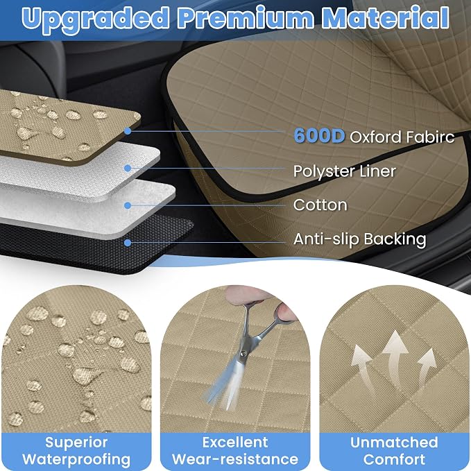 Dog Car Seat Covers, Waterproof Front Seat Cover for Dogs, Scratch-Proof, Nonslip Pet Passenger Seat Cover Protector, Universal Fit for Cars Trucks SUVs, Large Size, Khaki