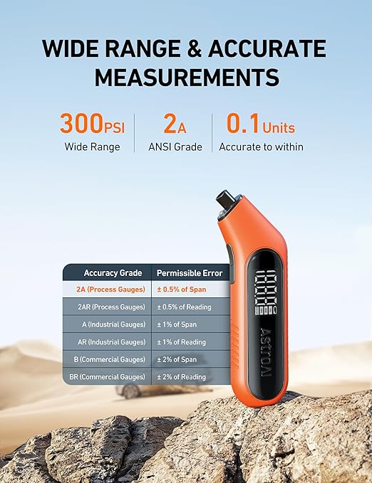 Digital Tire Pressure Gauge 3-300PSI Calibrated to ANSI B40.7 Grade 2A (0.5%), Backlight and Flashlight, Presta Valve Adaptor Included, 4 Units, AAA Batteries, Orange, 2Pack