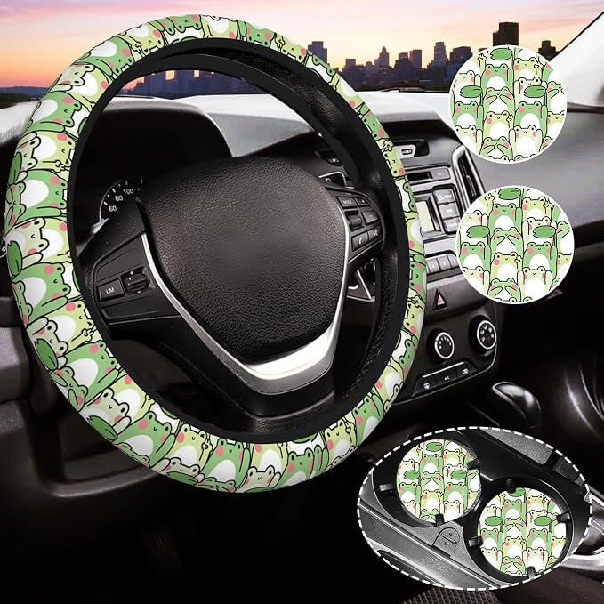 Cute Green Frog Steering Wheel Cover for Women,Universal Auto Steering Wheel 14-15 Inch Car Interior Accessories with 2PCS Car Coasters,Suitable for Men and Women
