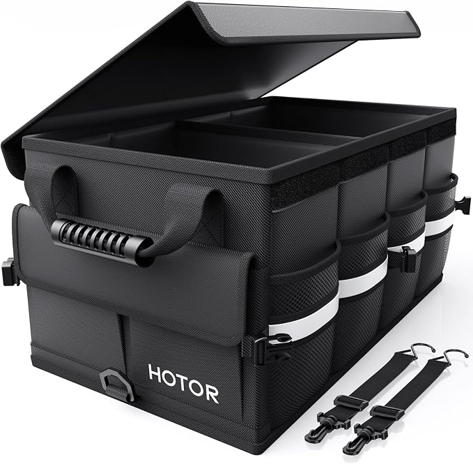 Car Trunk Organizer - Foldable Trunk Organizer for SUV, Car Storage with Reflective Strips & Securing Cover, Large Capacity Car Accessories for Truck, Van & Sedan, Black, 22.1" x 12.6" x 11.0"