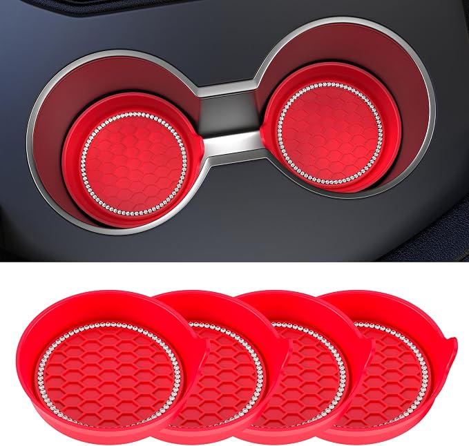 Car Cup Coaster Universal Non-Slip Cup Holders Bling Crystal Rhinestone Car Interior Accessories 4 Pack Red