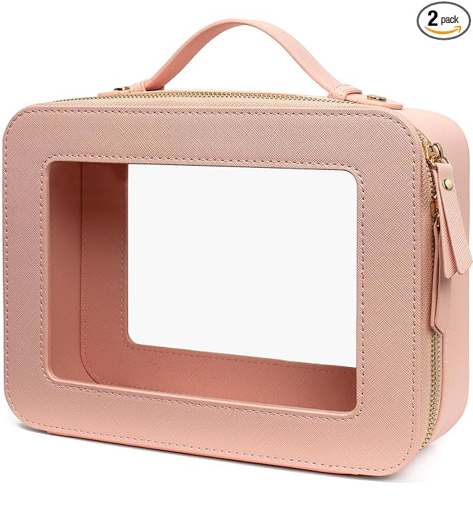 Clear Makeup Bag, Travel Toiletry Cosmetic Bag Case Portable Clear Makeup Organizer Transparent Storage Bag Fit Carry-on Travel Car Accessories for Women Men (Large-Pink)