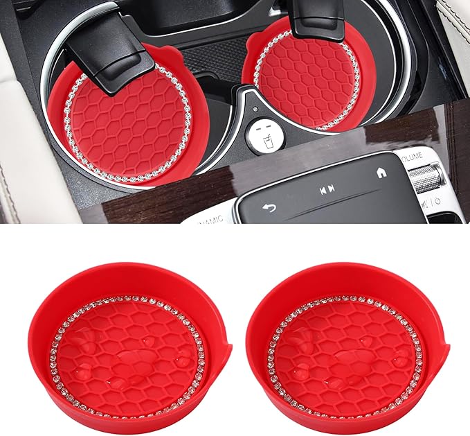 Car Cup Coaster Universal Non-Slip Cup Holders Bling Crystal Rhinestone Car Interior Accessories 2 Pack Red