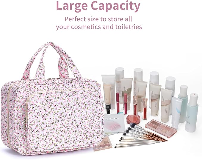 Travel Toiletry Bag for Women Large Hanging Makeup Bag Organizer Toiletries Bag for Full Size Essentials Accessories Cosmetics (Pink Flower (Large))
