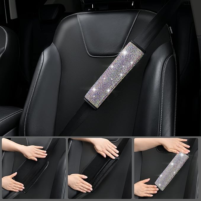 11 PCS Bling Diamond Car Accessories for Women, Sparkly Rhinestone Steering Wheel Cover Bling Seat Belt Cushion, Glitter Shift Knob Cover Car Cup Holder Coaster, Cute Interior Sets Multicolor