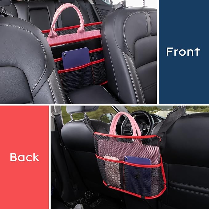 Car Seat Organizer Seat Back Storage Bag, Car Net Pocket Handbag Holder, Barrier of Backseat Dog Pet Kids for Car, Automotive Consoles Purse Holder, Black+Red Line
