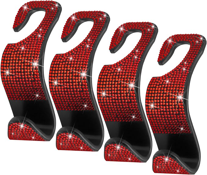 4 Packs Car Purse Hook, Bling Seat Headrest Bag Holder Hanger for Car, Easy Install Car Organizer Accessories Gift for Women (red)