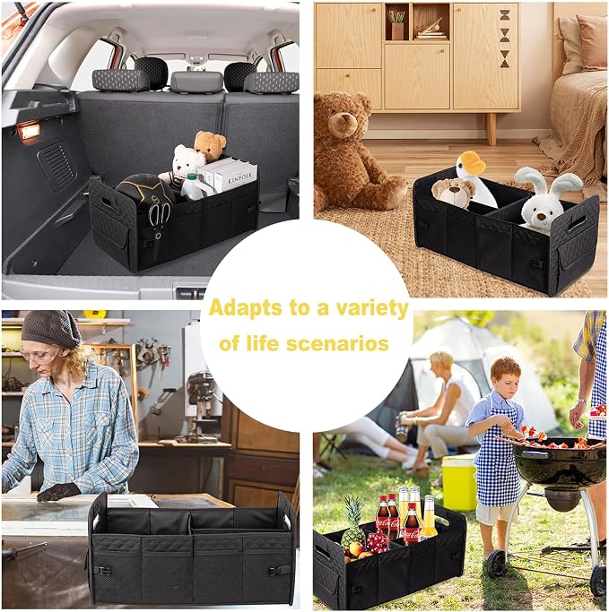 Car Trunk Organizer for SUV, Car Storage Organizer Collapsible Multi Compartment Container Box, Adjustable Car Accessories for Women/Men, Large Black
