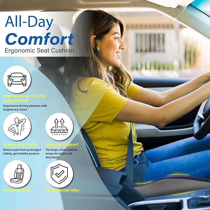 Car Seat Cushion for Driving, Car Seat Pillow for Short Drivers | Ergonomic Memory Foam Seat Cushion for Pain Relief, Adult Booster Seat for Car, Butt Cushion for Car, Truck, Blue&Gray