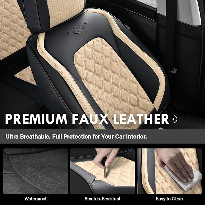 Coverado Car Seat Covers Front Seats, Durable Waterproof Faux Leather Full Set with Rear Protectors, Classic Easy-Clean Interior for Most Vehicles – BlackBeige
