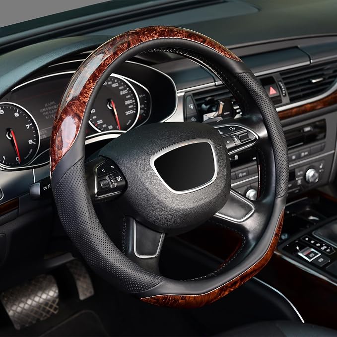 D Shaped Steering Wheel Cover, Luxury Wood Grain with Sporty Perforated Leather, Flat Bottom Steering Wheel Protector, Universal 14.5-15 Inch, Anti-Slip Comfort Grip, Black