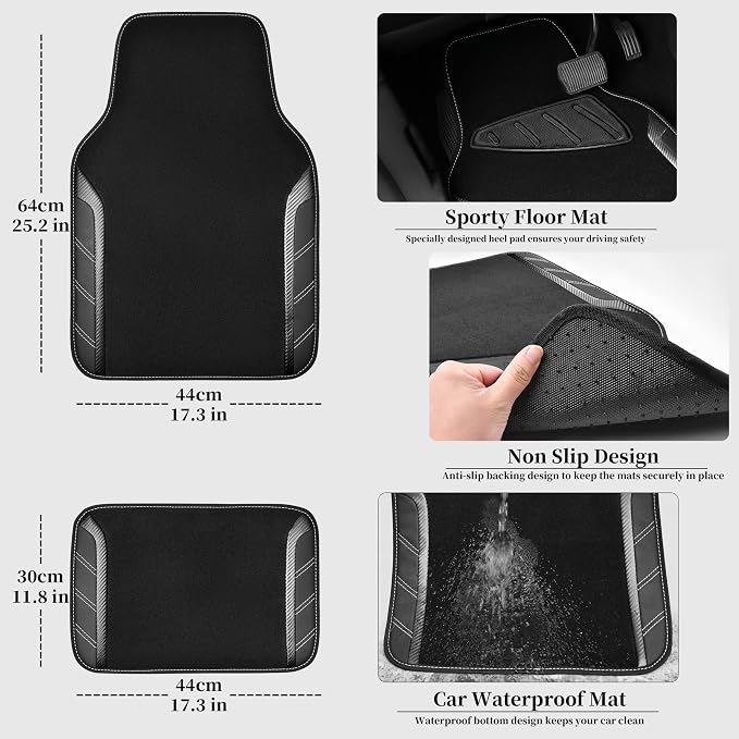 Leather Steering Wheel Cover and Waterproof Car Floor Mats,Microfiber Universal Car Combo Fit for 95% Sedan,SUV,Cars,14.5-15inch Sporty Anti-Slip Safety Comfortable Design(Carbon Fiber Black)
