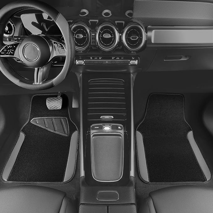 Faux Leather Steering Wheel Cover and Waterproof Car Floor Mats,Universal Car Combo Fit for 95% Sedan,SUV,Cars,14.5-15inch Sporty Anti-Slip Safety Comfortable Design(Black＆Gray)