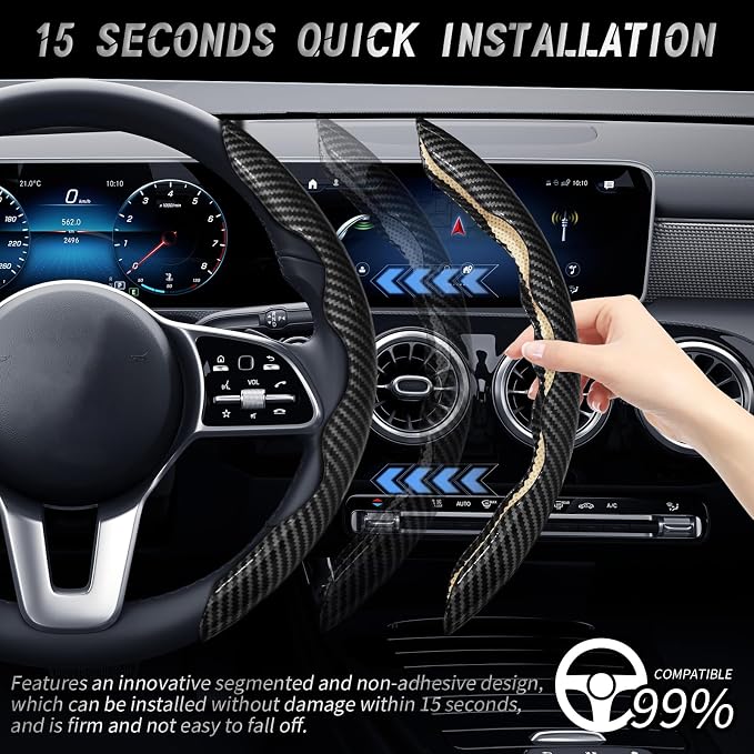 2pcs Car Steering Wheel Cover,Anti-Skid Carbon Fiber Steering Wheel Protector for Men Women,Multiple Color Options,Universal for Most Car Interiors Accessories (Bright Black)