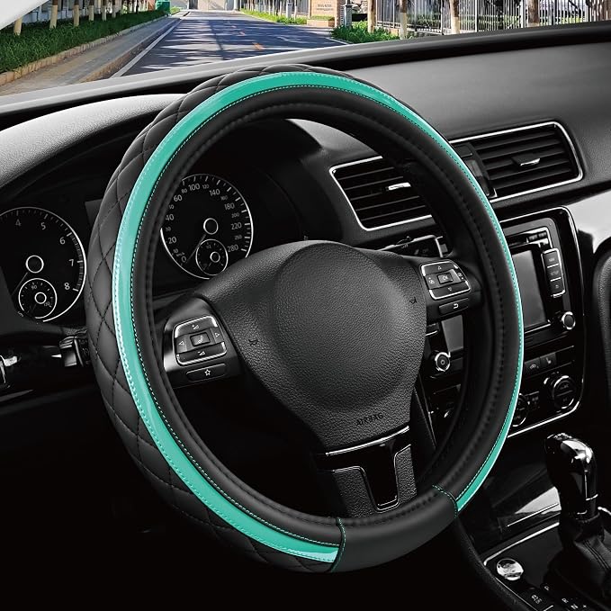 Leather Steering Wheel Cover – Black & Green Universal Fit 14.5-15 Inch, Microfiber Leather, Anti-Slip & Breathable Design for Men and Women