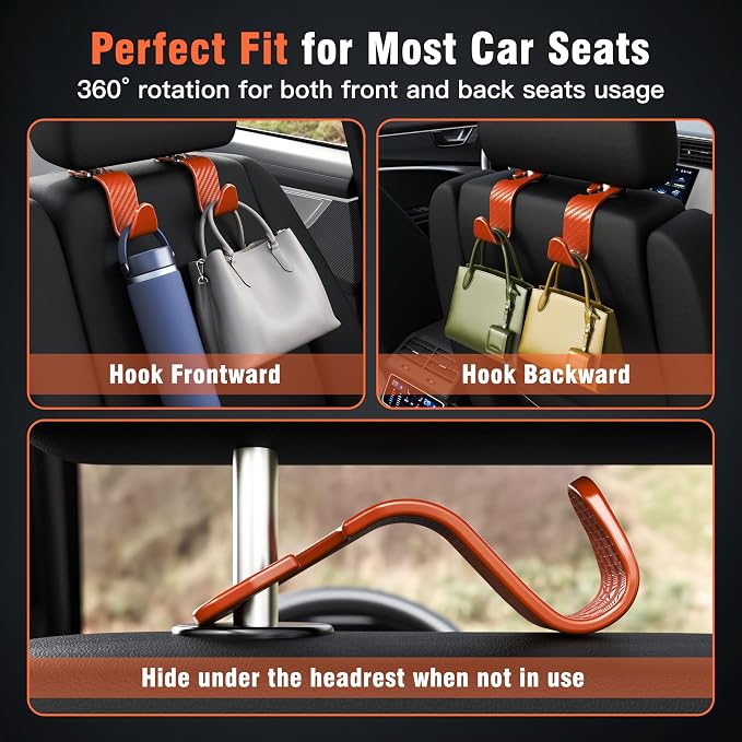 Car Seat Headrest Hook 4 Pack Hanger Universal Vehicle Car Storage Organizer for Handbag Purse Coat S Type Checkered Orange