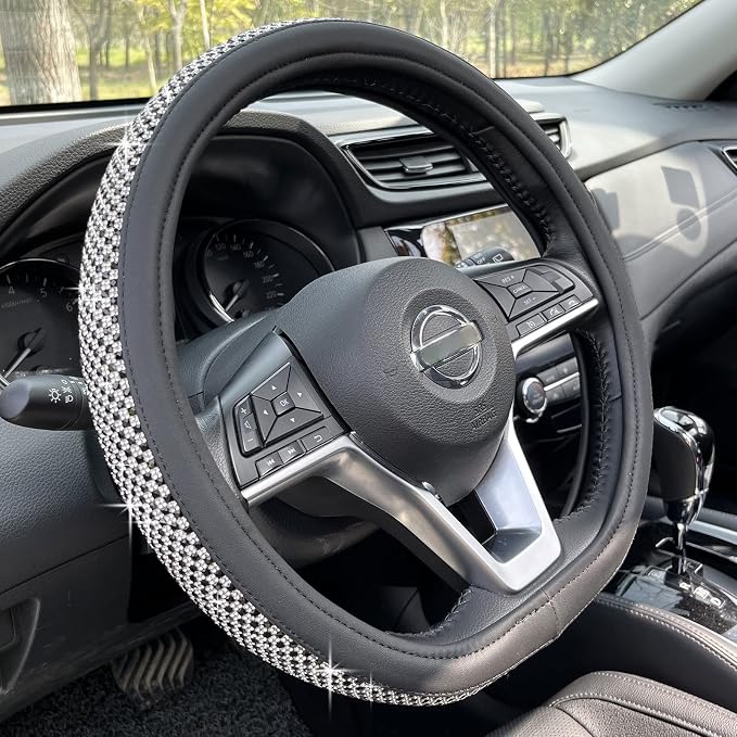 D Shaped Bling Comfy Steering Wheel Cover with Jumbo Crystal Rhinestones, Anti-Slip Diamond Leather, Flat Bottom 14.5-15 Inch (Black)