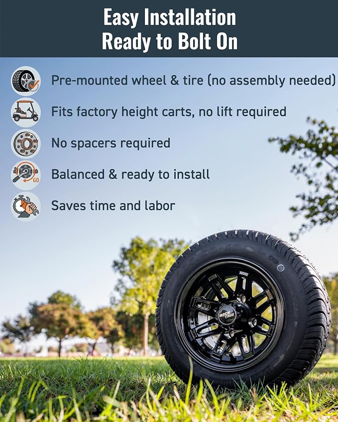 10 inch Golf Cart Wheel Tire Combo Kit, RT103 Gloss Black 10x7 Rim 205/50-10 Low Profile Tire, No Lift Kit Required, Fits Club Car Precedent EZGO TXT RXV Yamaha G1-G29, One Single
