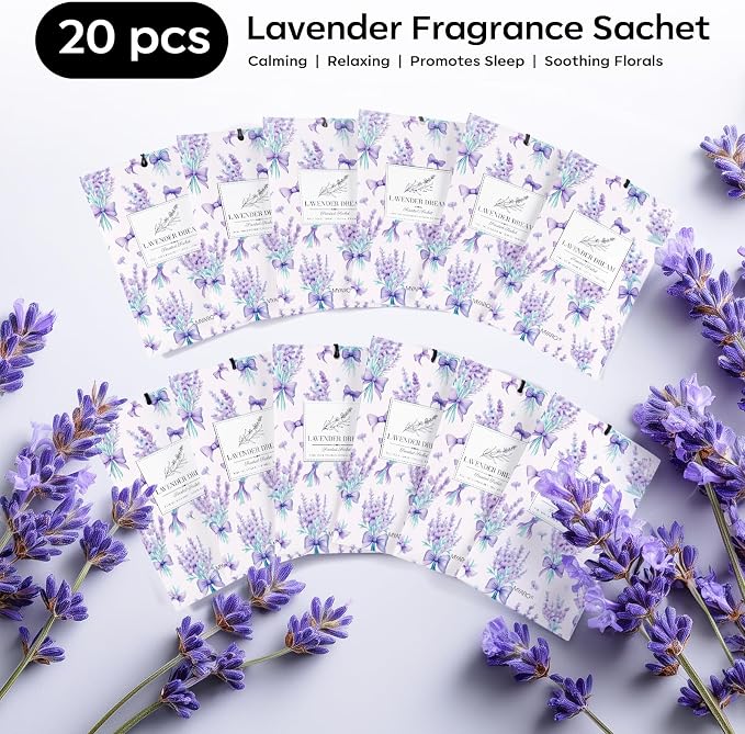 20 Pack Lavender Scented Sachets - Drawer & Closet Air Freshener Bags, Natural Odor Eliminator for Car, Home, Bedroom, Office & Travel