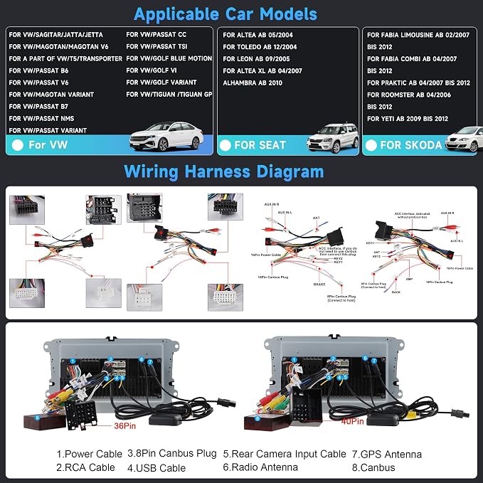 8Core 6G 128G Android Car Stereo for VW Passat Golf MK5 MK6 Jetta T5 EOS Polo Touran Seat Sharan Wireless Carplay Android Auto, 7'' Touchscreen Stereo with GPS Bluetooth WiFi FM/RDS DSP Rear Camera