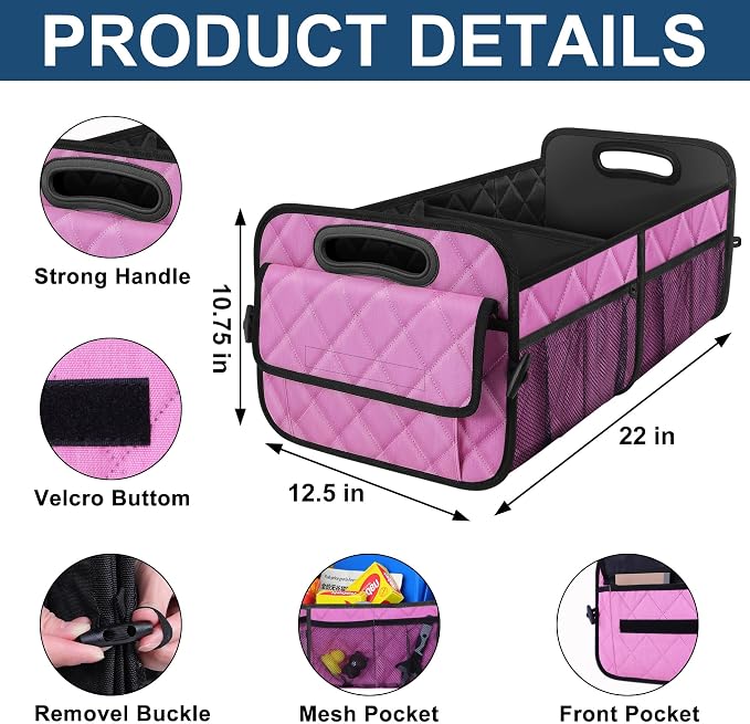 Car Trunk Organizer for SUV, Car Organizers and Storage with Reinforced Handles, Car Accessories for Women/Men 50L Waterproof Polyester Trunk Organizer(Medium,Pink)